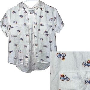 Rae Dunn Women's Linen Blend Bicycle Pattern Button Up Shirt Size Small